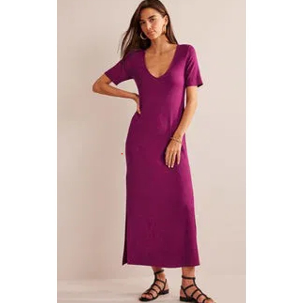 Boden Rib Jersey Midi T-Shirt Dress Short Sleeve V-Neck Side Slits Purple US 6P